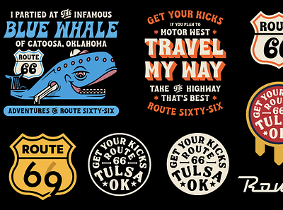 Route 66 Graphics apparel badge blue whale branding design illustration mark travel tulsa typography whale