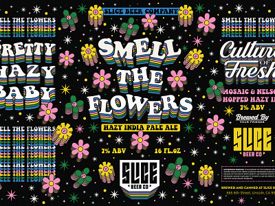 Smell The Flowers beer branding cooper craft beer flower child flower power flowers funky hippie icons identity illustration packaging peace rainbow trippy typography