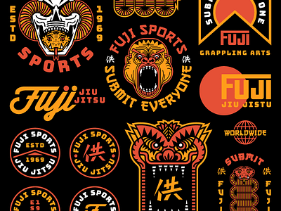 Fuji Sports Overview apparel athletics badge design dragon fuji gorilla identity illustration jiu jitsu mark skull snake sports typography vector