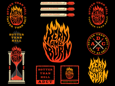 Kern And Burn Overview apparel branding burn design event branding fast fire flame hoourglass identity illustration kern lettering mark matches speed typography vector