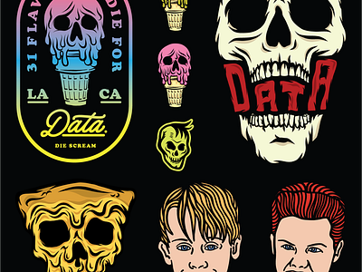 Data Crew flash sheet apparel badge branding home alone ice cream illustration kevin logos merch skull typography