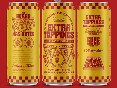 Extra Toppings mock up badge beer beer cans branding illustration logo packaging pizza slice typography