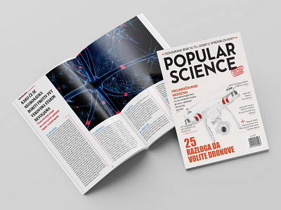 Popular Science blue camera drones content cover page images lines logo magazine magazine design news page layout pages paragraph popular science red text titles