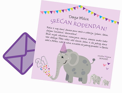 Greeting card birthday birthday card card date decoration design elephant envelope font friend friendly greeting card happiness happy birthday illustration roommate surprise tipography violet year