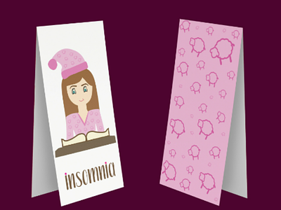 Insomnia - Bookmark asleep back side booklovers bookmarker books design font front side girl illustration pajamas pink shape sheep violet
