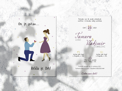 Wedding invitation_She said YES! blue colors date design dress filings fonts he asked hearts illustration lines page layout ring she said yes special day suit violet wedding wedding day