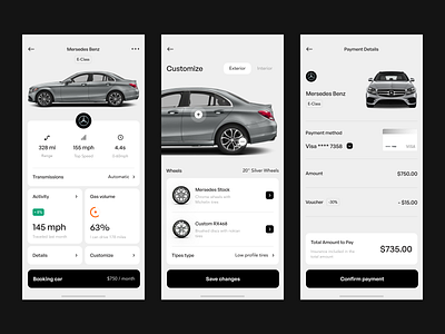 Application. Rental Car app booking car clean dashboard design ios app minimal mobile app product design rental car stats ui ux
