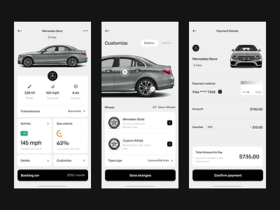 Application. Rental Car app booking car clean dashboard design ios app minimal mobile app product design rental car stats ui ux