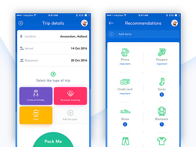 Packing app concept app clean color design icons ios packing trip ui ux