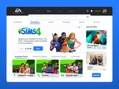 Game Store Home Page banner blue branding design figma game graphic design homepage landing logo sims thesims ui ux webdesign