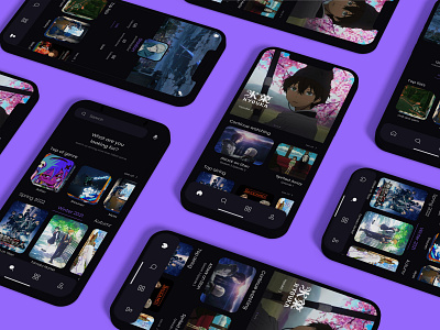 Anime Streaming App anime app app design branding dark ui design hyouka interface mobile interface modern naruto phone purple social streaming streaming app ui user ux visual