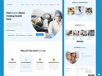 Blue Hospital Home Page Website Design about appointment article blue care clean department doctor dr feedback footer health hospital lab laboratory nurse patient qualified trust website