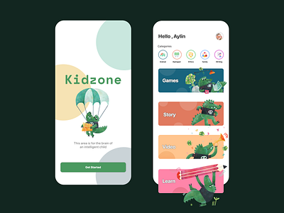 KidZone App design animal app children clean color design game green illustration kid kids learn mobile app design story teach ui ui design ux video watch