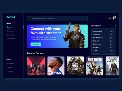 GameX | UI Design of a Game Streaming App design game graphic design ui web