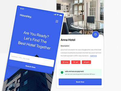 Hotel Booking Application app blue booking clean design graphic design hotel mobile design mobileapp rent ui ui ux mobile-app app-design