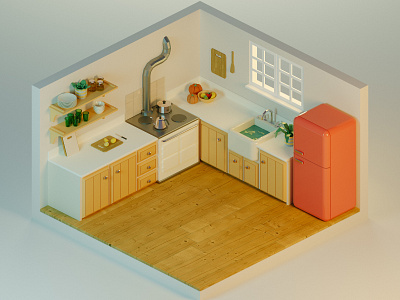 Cozy kitchen 3d blender blender3d cozy fridge illustration isometric kitchen low poly low poly pumpkin red render