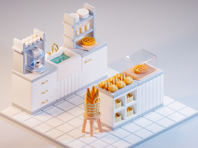Bakery 3d bakery blender blender3d bread coffee isometric low poly low poly pastry render rolls shop