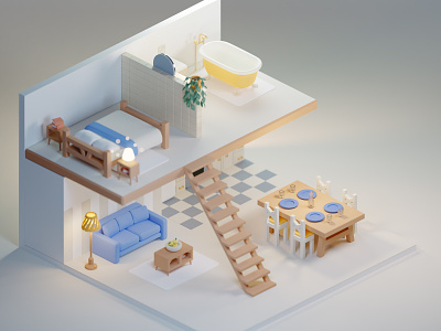 Not much going on here... ✨ 3d apartment bathroom bedroom blender blender3d isometric kitchen living room low poly low-poly render sparkles