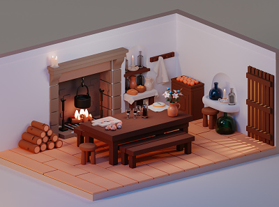 The kitchen from Portrait of a Lady on Fire 3d blender blender3d candles cozy design fireplace illustration isometric kitchen low poly low poly old render wine