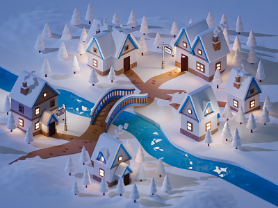 Snowy village 3d blender ice isometric low poly low-poly render snow village winter