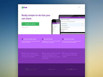 Landing page for Flask.io cta flask hero homepage landing marketing tasks todo website