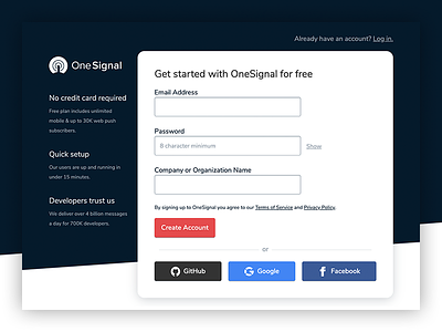 OneSignal Signup Form app button cta dashboard developer form growth interface login oauth push push notifications saas sign up signup ui website