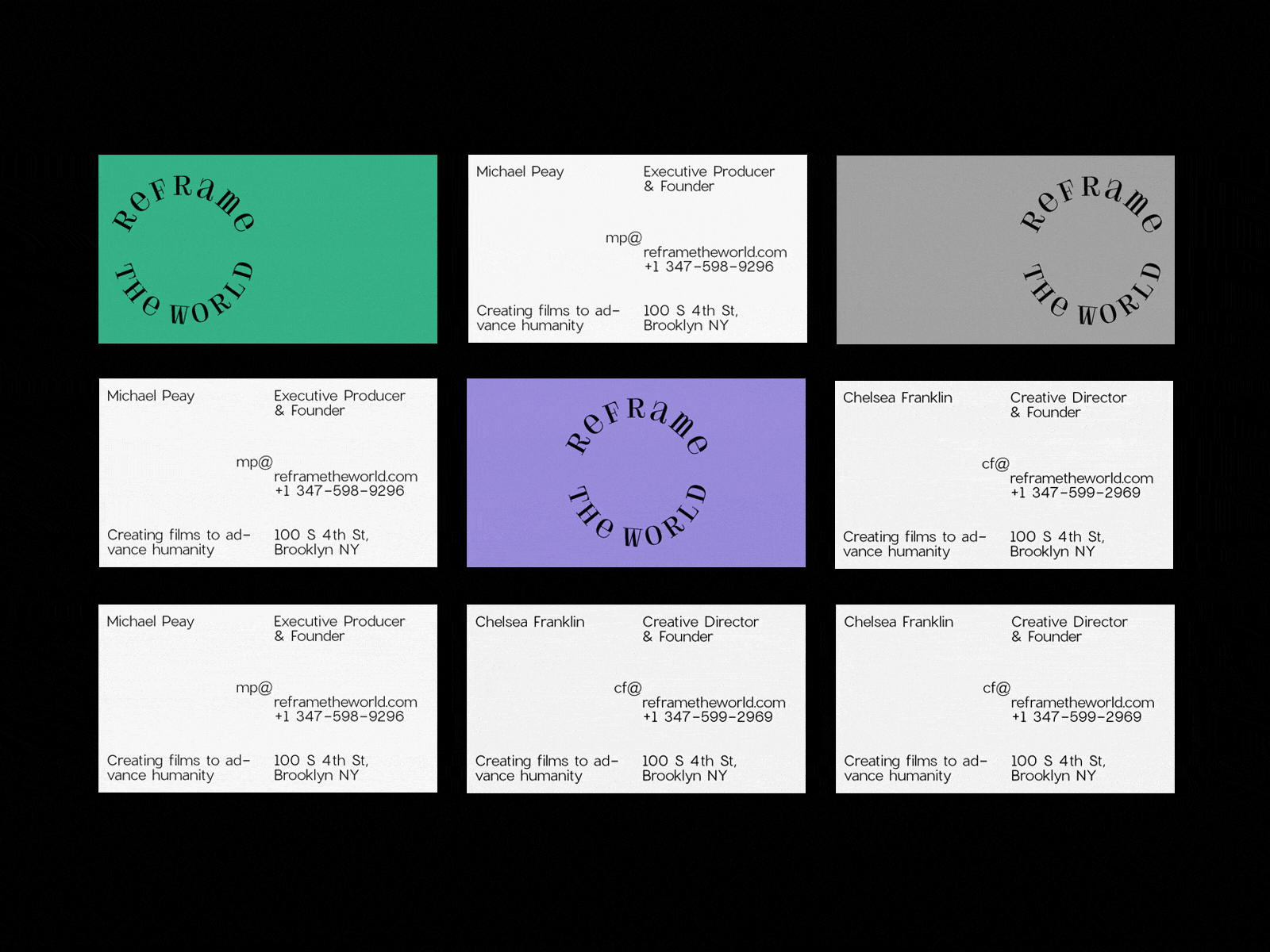 Business Cards for Reframe the World Studio brand identity branding branding agency branding design brutal brutalism brutalist design business card grid grid design grid layout logo logo design minimalism typography typography logo