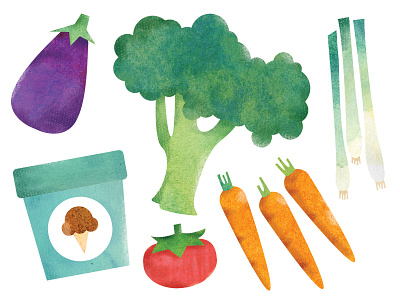 eat your veggies (and ice cream) broccoli carrots eggplant groceries ice cream illustration scallions texture tomato watercolor