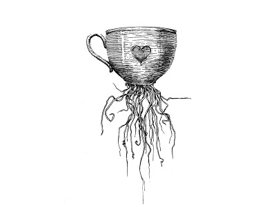 Uprooted Teacup illustration ink line pen roots secret midnight press tangled teacup uproot