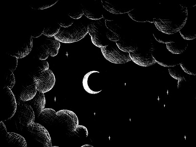 Crescent Moon black and white clouds crescent illustration moon scratchboard secret midnight press stars