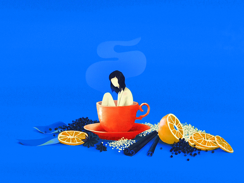 Relax with a Cup of Tea animation bath blue cel girl illustration red relax smoke tea teacup yellow
