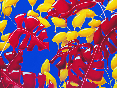 Liquid Leaves blue bright colors drip leaves painting pattern primary red shine surreal yellow