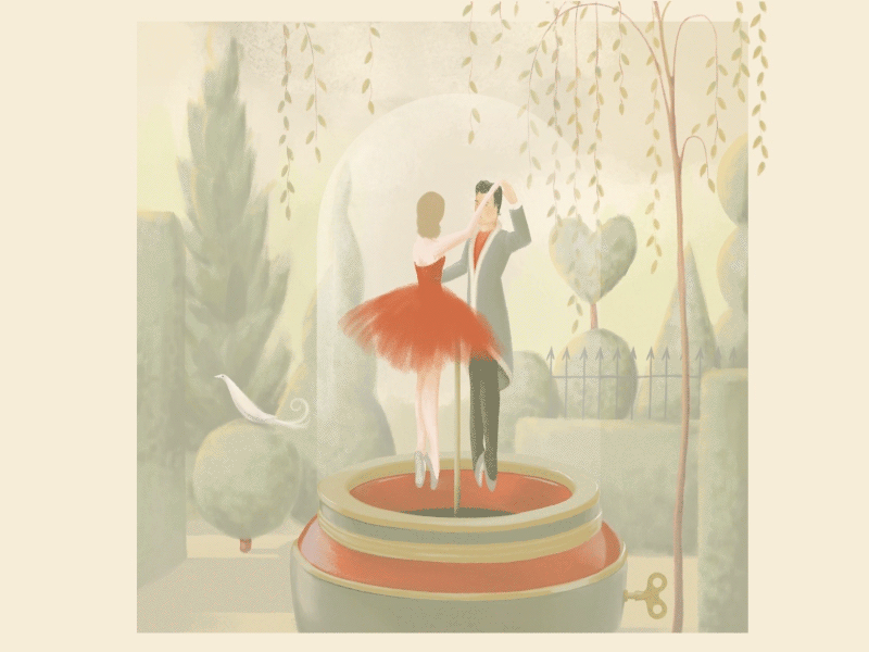Music Box Dancers animation art ballet bushes dance dress enchanted frame-by-frame garden illustration magic music box red storybook topiary