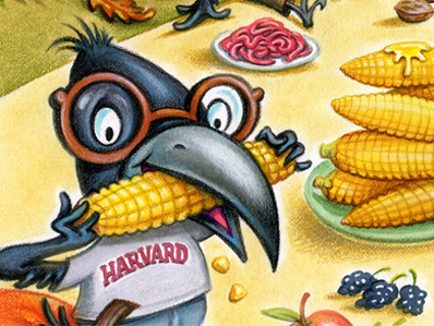 eating corn animals anthropomorphic crow eating corn illustration