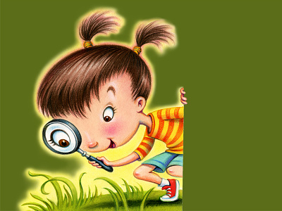 Oooh... Dew! cute girl debbie palen dew grass illustration magnifying glass
