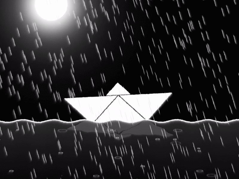 Boat of Sadness 2d after effects black boat dither flat float floating herbet illustration malaysian moon light moonlight origami paper paper boat rain rain drops sad water