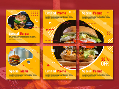 Burger Instagram Puzzle Feed branding burger fast food food foodie instagram banner instagram post instagram stories memphis style red social media social media design yellow