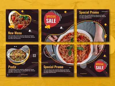 Pasta Instagram Puzzle Feed branding brown fast food food instagram banner instagram post instagram stories italian food memphis style pasta social media social media design spageti yellow