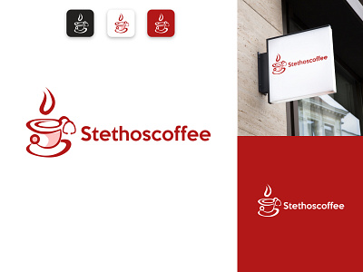 Stethoscoffee Logo Design beverage logo branding coffee coffee logo coffee shop coffee shop logo combination logo design logo red social media vintage vintage logo white