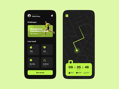 Running Tracker App app clean dark dark mode dark ui design green map minimalist mobile app mobile design route run running running app ui ux workout