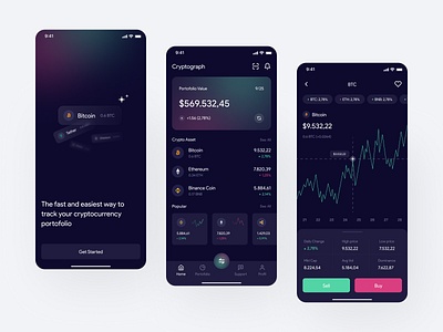 Cryptograph - Crypto Wallet App app bitcoin blockchain chart clean coin crypto cryptocurrency dark design etheureum exchange investment minimalist mobile app trade trading ui ux wallet