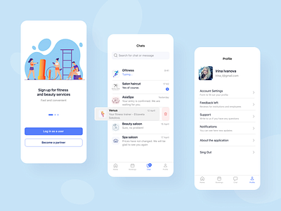 Fitness and beauty application app beauty chat design figma fitness interface mobile mobile app mobile desing profile splash ui ux