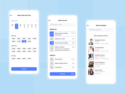 Fitness and beauty application app beauty beauty saloon booking date selection design employee selection figma interface mobile mobile app month online booking schedule selection time service selection time ui ux