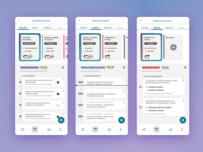 SN Eventos app - Gestão e cronograma do dia app checklist playlist ui ux