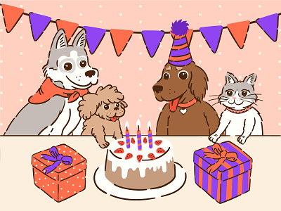 birthday cake cat dog gift box vector