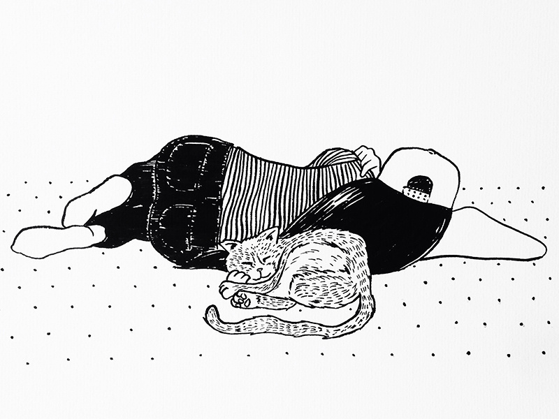 Valentina and Britney black and white bw skater cat sleeping portrait ink illustration