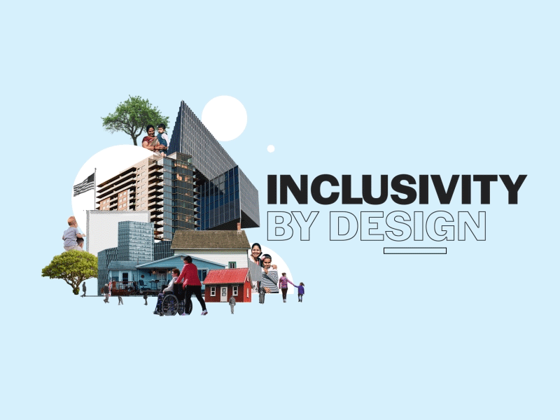 Inclusivity by design 2d animation after effects animated gif animation buildings collage collage art house minimal mograph people title card tree