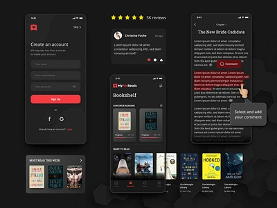 Application UX/UI Design – Dark Mode application author design e book fiction login novel online book rate reading book review search ebook sign up ui ux