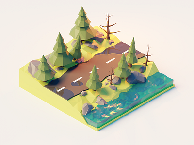 Forest Road 3d blender illustration isometric lowpoly render