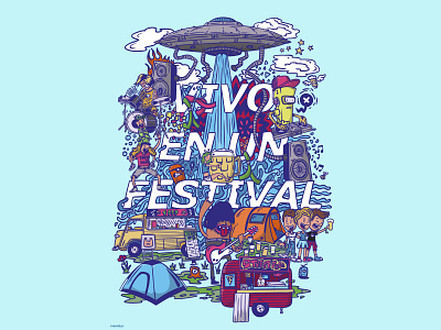 vivo en un festival poster alien beer cartoon color dj doodle festival food friends loud metal music ovni party poster rock sound streetfood trend ufo